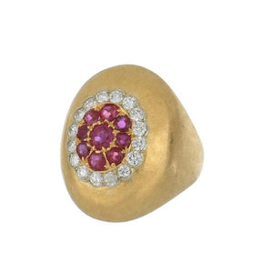 Retro 1940s 18K Two-Tone Gold Vertical Bombé Ruby and Diamond Ring