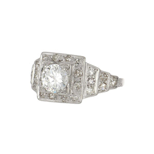 Art Deco Platinum Illusion-Set Diamond Engagement Ring with Stepped Shoulders