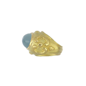 Estate Katy Briscoe 18K Gold Textured Scrollwork Aquamarine Chinati Ring