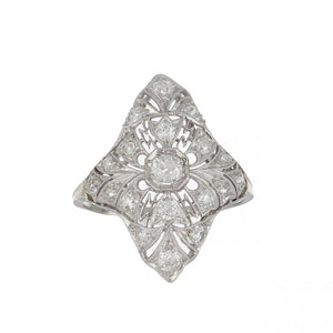 Antique Edwardian Platinum Filigree Navette Diamond Ring