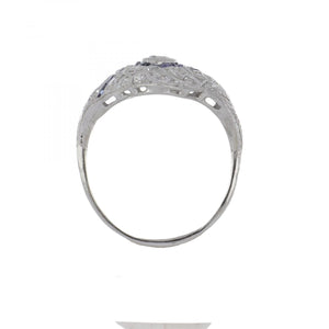 Art Deco Platinum Diamond Navette Ring with Sapphires