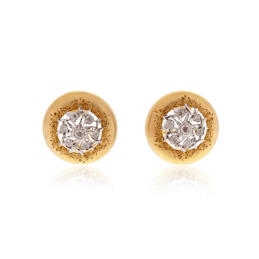 Estate Buccellati 18K Two Tone Gold Diamond Button Earrings