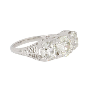 Art Deco 18K White Gold GIA Old European-Cut Diamond Three Stone Engagement Ring