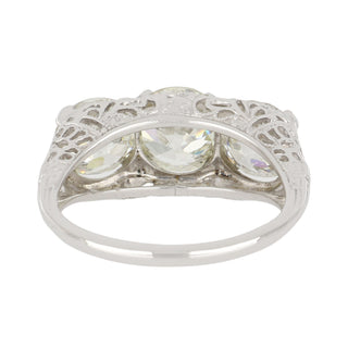 Art Deco 18K White Gold GIA Old European-Cut Diamond Three Stone Engagement Ring
