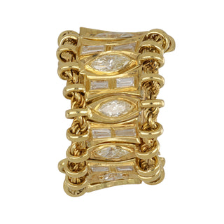 Vintage 1980s 18K Gold Marquise and Baguette Cut Diamond Chain Link Band