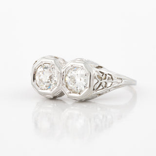 Art Deco 18K White Gold Twin-Stone Diamond Filigree Ring