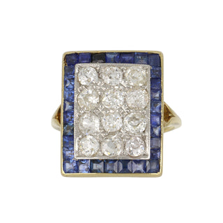 Art Deco Two-Tone Diamond Plaque Ring with Sapphire Border