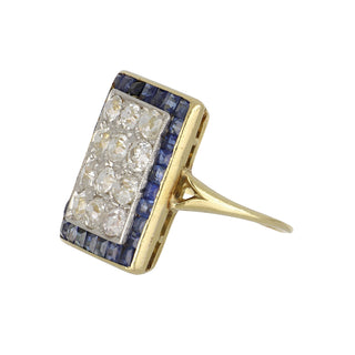 Art Deco Two-Tone Diamond Plaque Ring with Sapphire Border