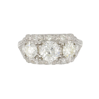 Art Deco 18K White Gold Old European-Cut Diamond Three-Stone Ring