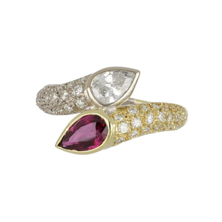 Vintage 18K Pear Shape Ruby & Diamond Toi et Moi Ring