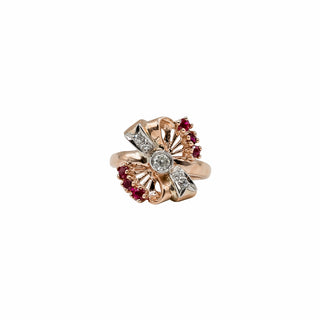 Retro 1940s 14K Rose Gold Diamond & Synthetic Ruby Bow Ring
