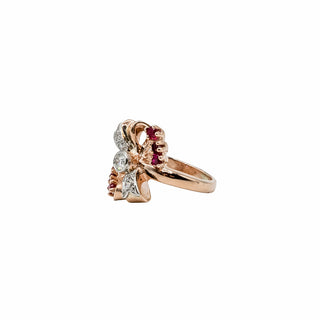 Retro 1940s 14K Rose Gold Diamond & Synthetic Ruby Bow Ring