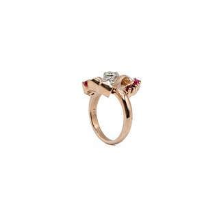 Retro 1940s 14K Rose Gold Diamond & Synthetic Ruby Bow Ring