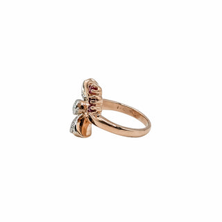Retro 1940s 14K Rose Gold Diamond & Synthetic Ruby Bow Ring