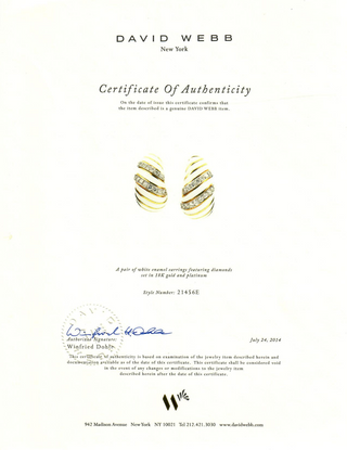 Estate David Webb 18K Gold White Enamel and Diamond Stripe Earrings