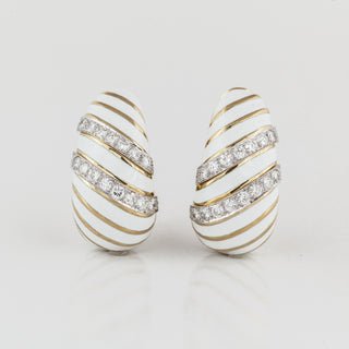 Estate David Webb 18K Gold White Enamel and Diamond Stripe Earrings