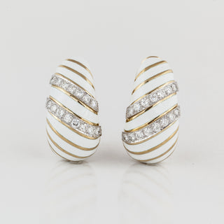 Estate David Webb 18K Gold White Enamel and Diamond Stripe Earrings
