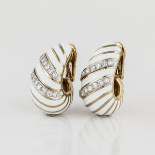 Estate David Webb 18K Gold White Enamel and Diamond Stripe Earrings