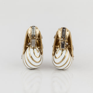 Estate David Webb 18K Gold White Enamel and Diamond Stripe Earrings