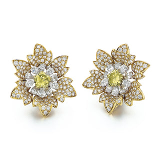 Estate Signed: PCC Two-Tone Fantasy-Cut Lily Shape Diamond Flower Earrings