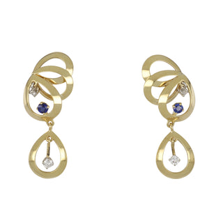 Mid Century 14K Gold and Platinum Diamond Multi Loop Drop Earrings with Sapphires
