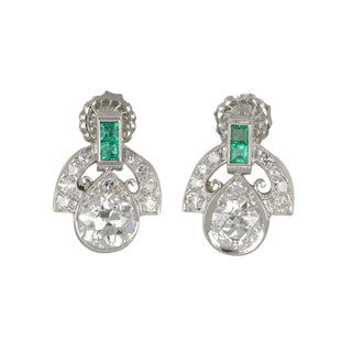 Modified Art Deco Diamond and Emerald Stud Earrings