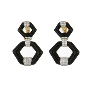 Estate David Webb 18K Gold Black Enamel Hexagonal Hoop Earrings with Diamonds
