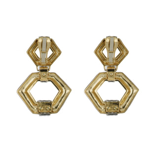 Estate David Webb 18K Gold Black Enamel Hexagonal Hoop Earrings with Diamonds