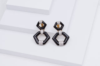 Estate David Webb 18K Gold Black Enamel Hexagonal Hoop Earrings with Diamonds