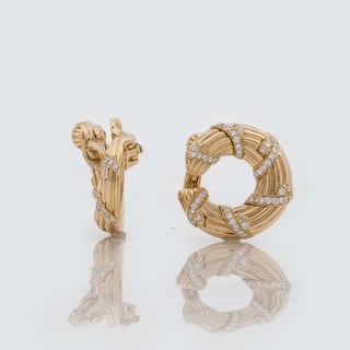 Estate Cartier 18K Gold Fluted Loop Earrings with Diamonds