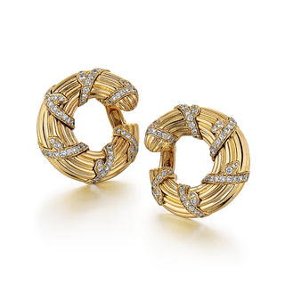 Estate Cartier 18K Gold Fluted Loop Earrings with Diamonds