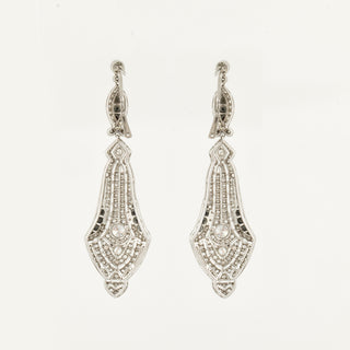 Art Deco Platinum Pierced Diamond Drop Earrings with Onyx