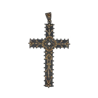 Estate Castellani Two-Tone Etruscan Revival-Style Diamond Cross Pendant