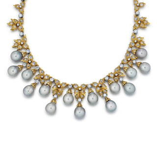 Vintage Buccellati 18K Two-Tone Gold Pearl & Diamond Fringe Necklace