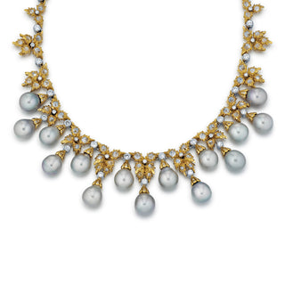 Vintage Buccellati 18K Two-Tone Gold Pearl & Diamond Fringe Necklace