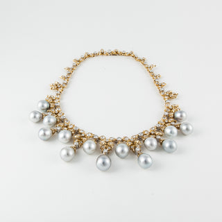 Vintage Buccellati 18K Two-Tone Gold Pearl & Diamond Fringe Necklace