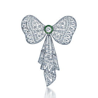 Edwardian Platinum Emerald & Diamond Filigree Bow Pin / Pendant Necklace
