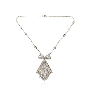 Edwardian Platinum Diamond & Pearl Bow Necklace