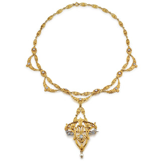 Victorian 18K Gold Diamond Garland Bib Necklace with Pearl