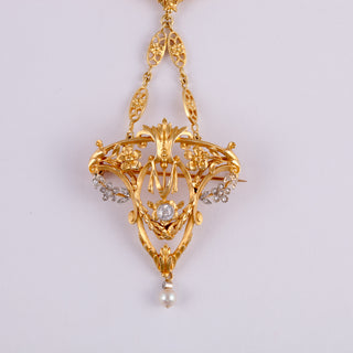 Victorian 18K Gold Diamond Garland Bib Necklace with Pearl