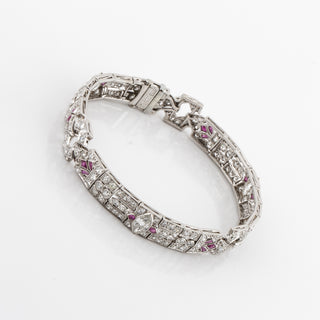 Art Deco Platinum Diamond & Calibre-Cut Ruby Filigree Link Bracelet