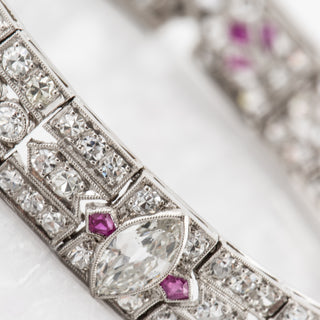 Art Deco Platinum Diamond & Calibre-Cut Ruby Filigree Link Bracelet