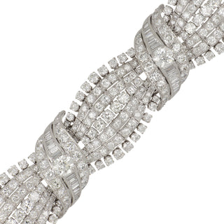Art Deco Platinum Diamond Wide Gathered Bracelet