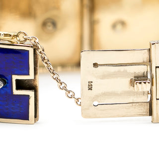 Mid-Century 14K Gold Enamelled Plaque Bracelet with Diamonds