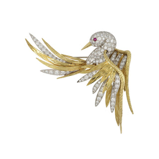 Vintage French 1970s Two-Tone Diamond Bird Pin