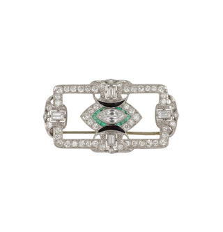Art Deco Platinum Diamond Brooch with Emeralds