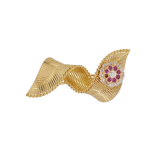 Retro Mauboussin Ribbon Pin with Rubies and Diamonds