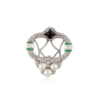 Art Deco Platinum Diamond Clip Brooch with Emeralds