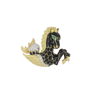 Estate David Webb 18K Gold Enamel Hippocampus Brooch with Diamonds & Emeralds