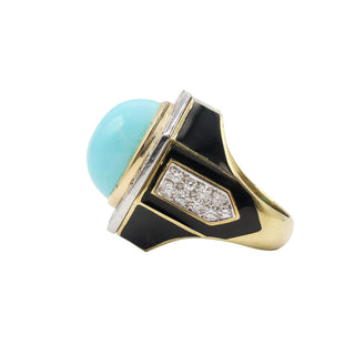 Vintage David Webb Two-Tone Turquoise, Black Enamel & Diamond Plaque Ring